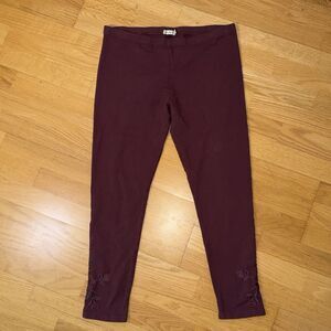 Johnny Was JWLA Floral Embroidered Leggings Burgundy L Boho Stretch Pant Cottage